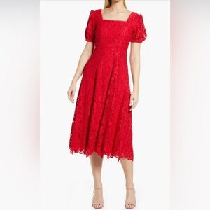 Rachel Parcell Red Lace Fit & Flare Midi Dress Puff Sleeve Sz XS